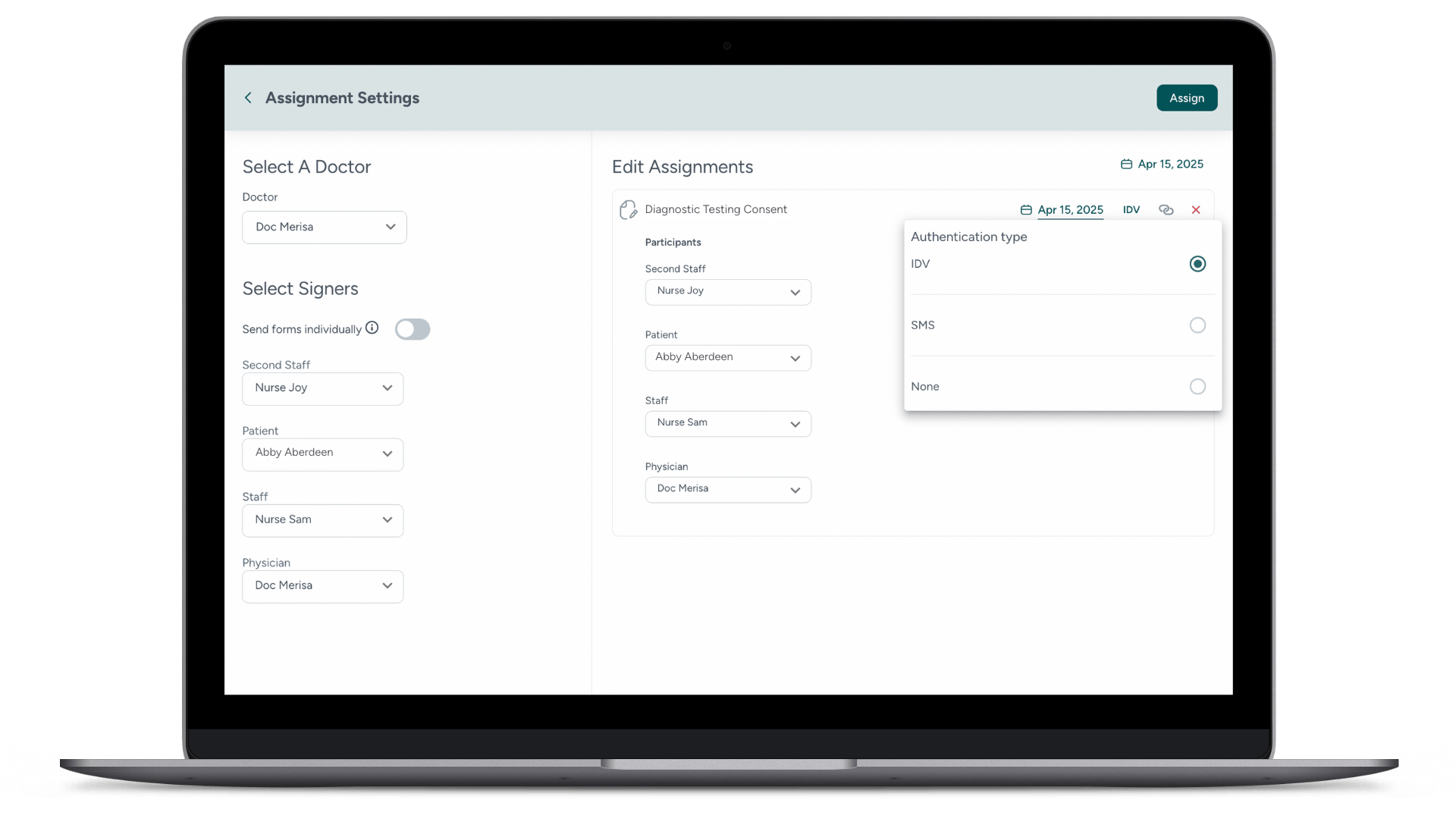 How do I assign ID verification (IDV) to a patient’s form?